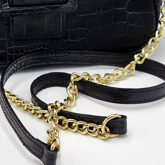 Black Croc Embossed Genuine Leather Crossbody Bag with Gold Chain Strap & Buckle - Picture 11 of 15